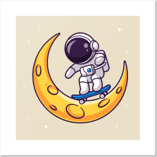 Cute Astronaut Playing Skateboard On Moon Cartoon Posters and Art